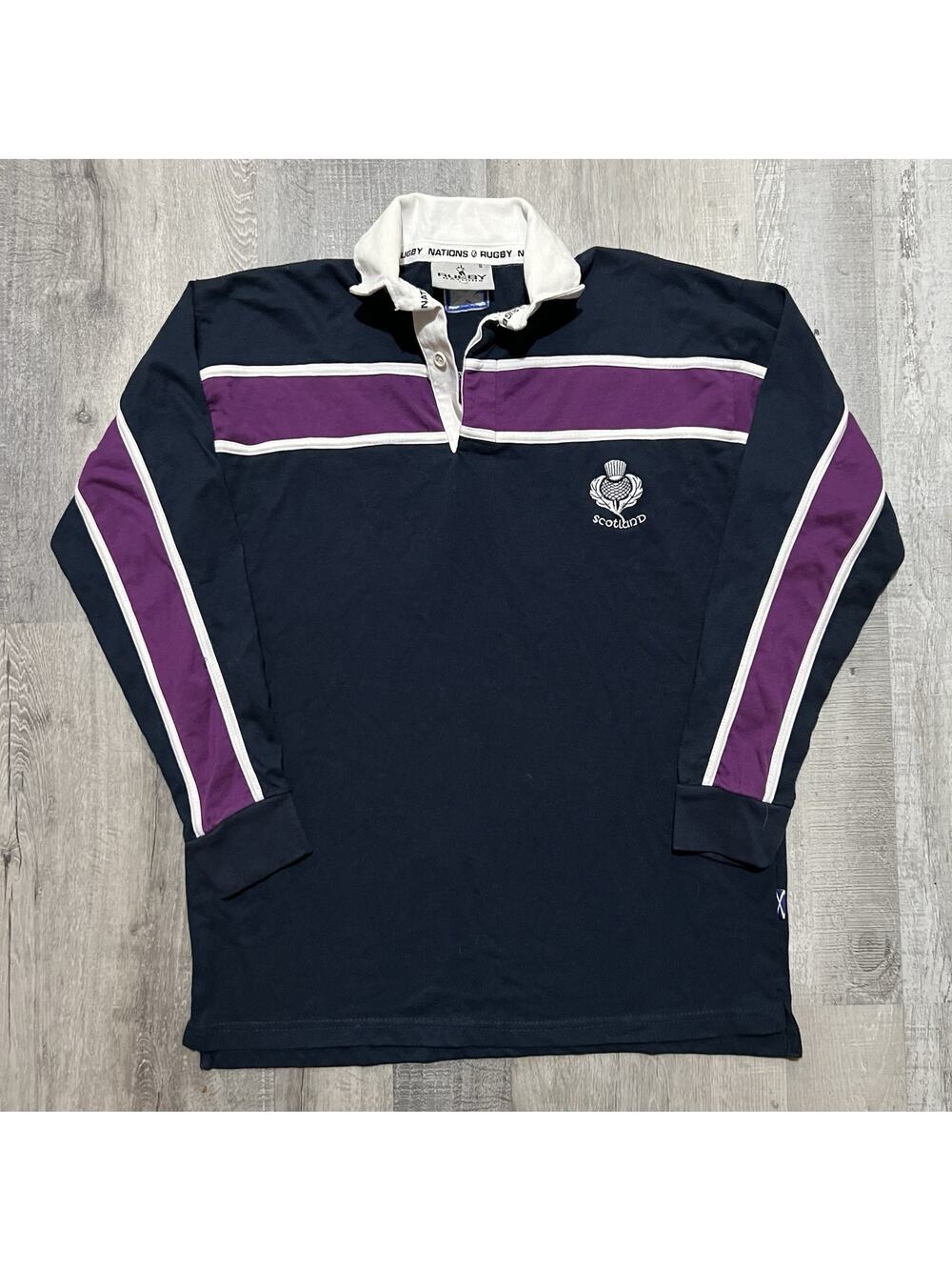 Rugby Nations Scotland Long Sleeve Polo Shirt Blue/Purple Crest Logo Size Small